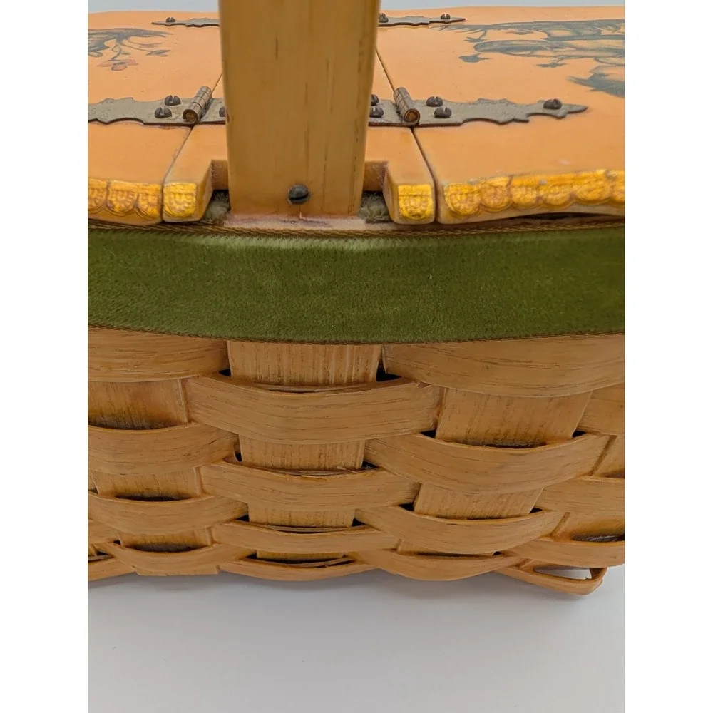 VTG Decoupage Woven Wood Picnic Basket Velvet Lined MCM Kitschy Decor Handbag